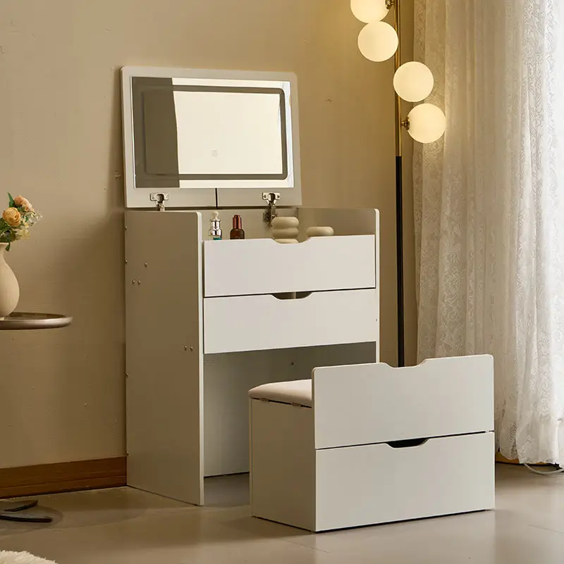 Modern Foldable Small-Sized Mini Flip Dressing Table with LED Lights and Lighted Mirror Solid Wood Bedroom Furniture