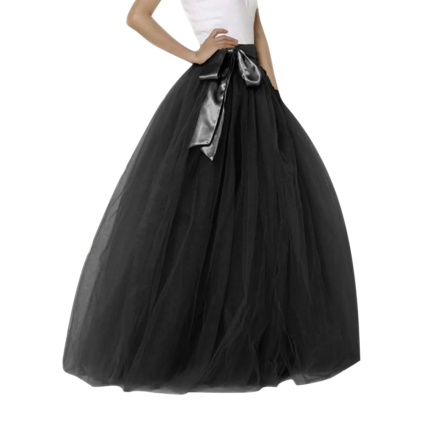 Women's High Waist Large Swing Long Skirts Elastic Waist Casual Party Tutu Puffy Mesh Half Body Skirt Solid Color Falda Mujer