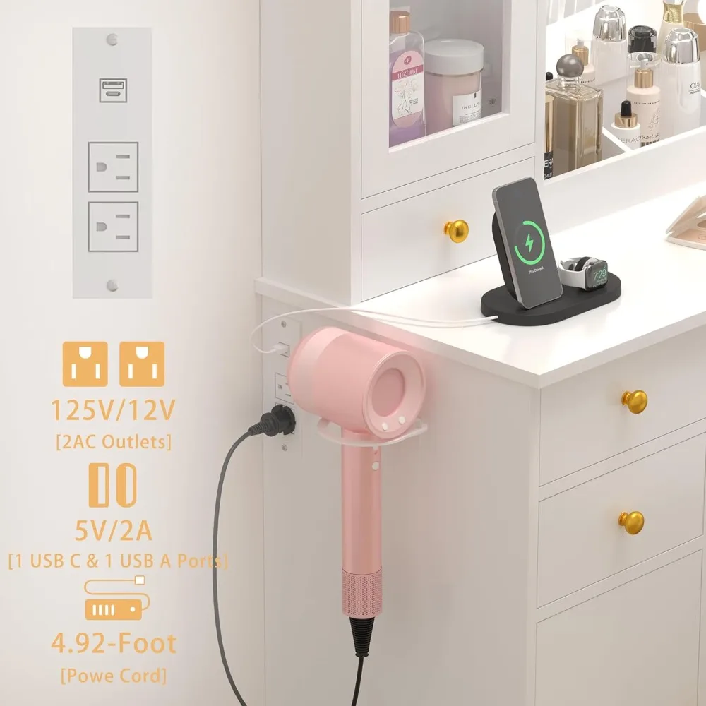 مكياج أبيض فاخر مقاس 43 بوصة مع مرآة وإضاءة و5 أدراج وخزائن زجاجية ومقعد ومخرج طاقة