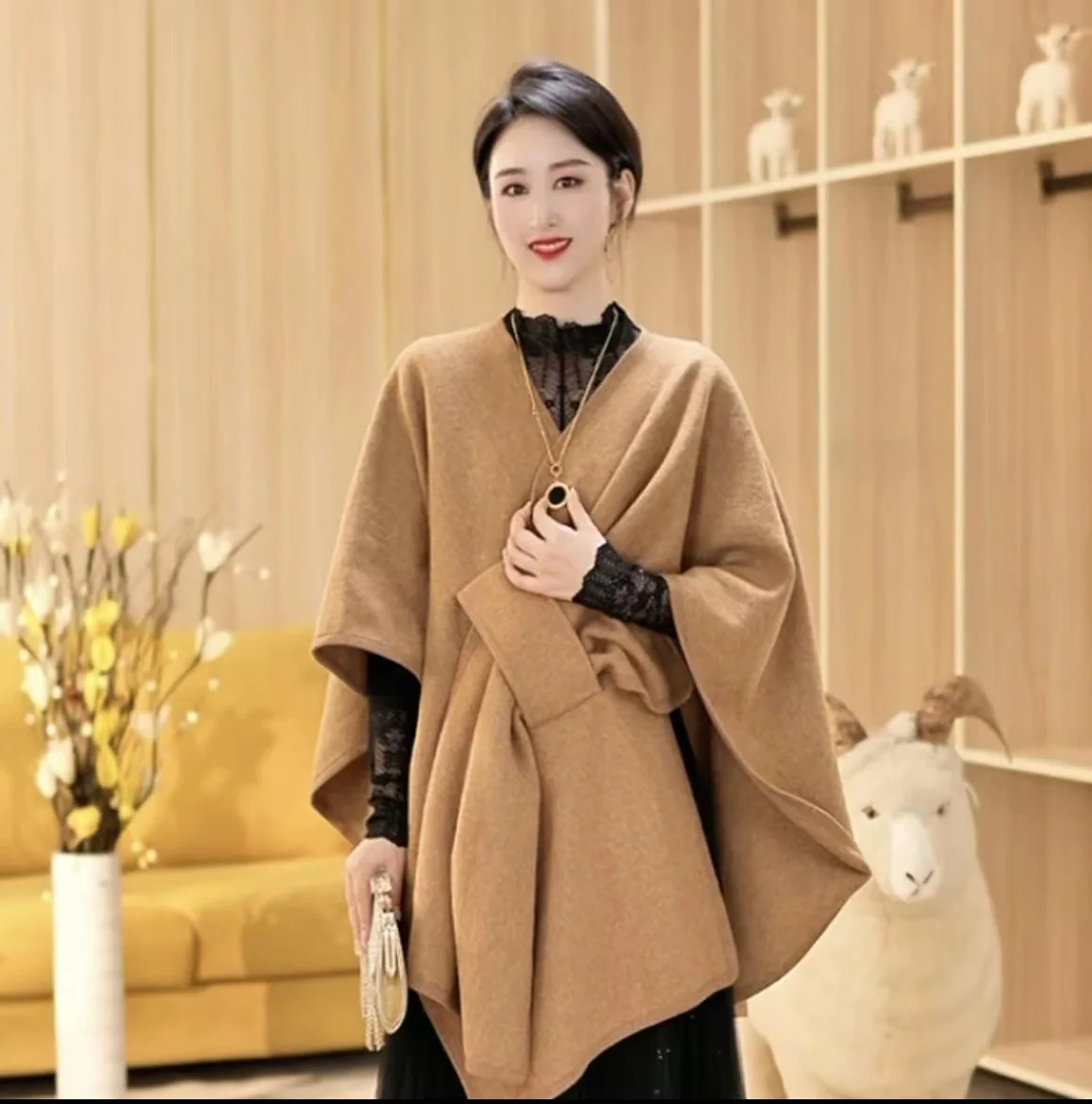 8 Colors Winter Faux Woolen Women New Long Poncho Cloak Fashion Belt Outside Streetwear Shawl Cappa Oversize Loose Coat