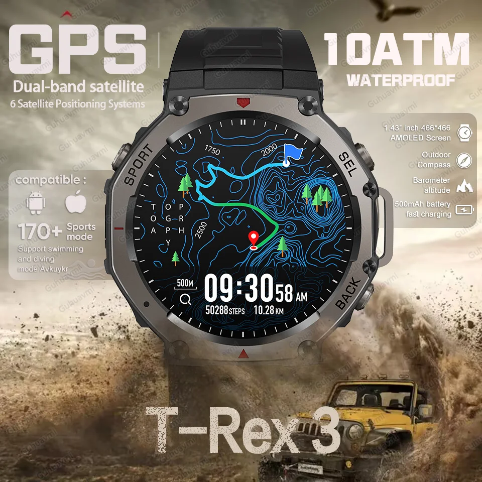 

T-Rex 3 Built-in Dualband GPS Military Waterproof Smart Watch 48mm AMOLED 10ATM Swimm Diving Compass 170+ Sport mode Smartwatch