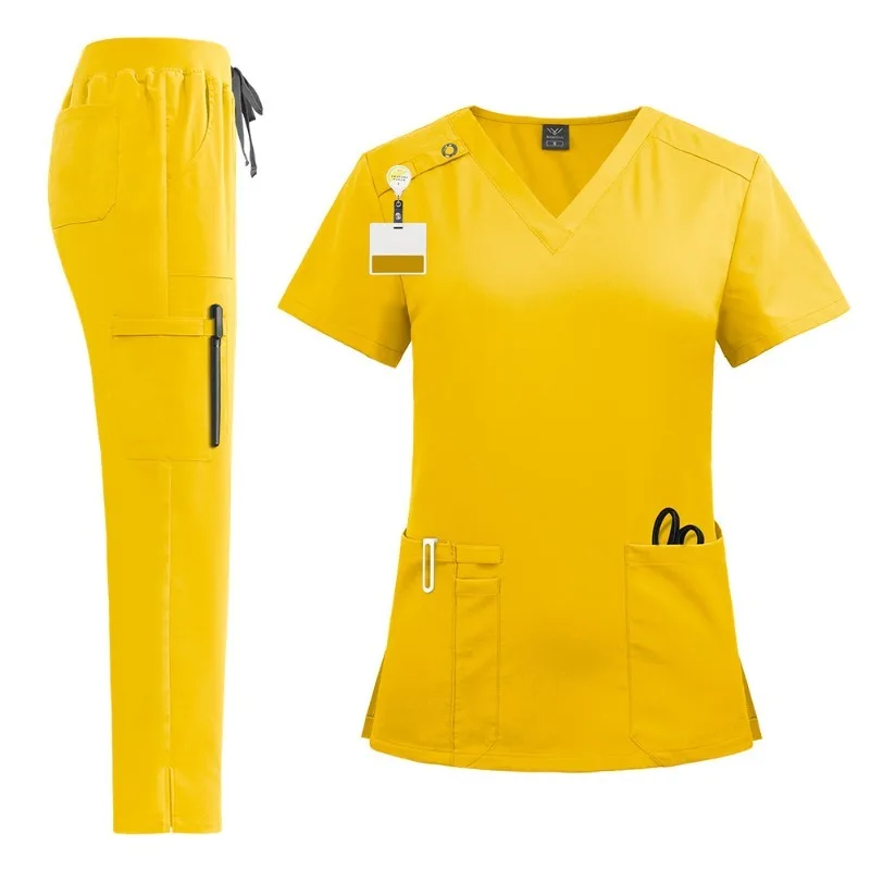 Nursing Scrubs Uniform Suit Short Sleeve V-neck Tops+Pants Sets Women Multicolor Pet Medical Workwear Nurse Accessories