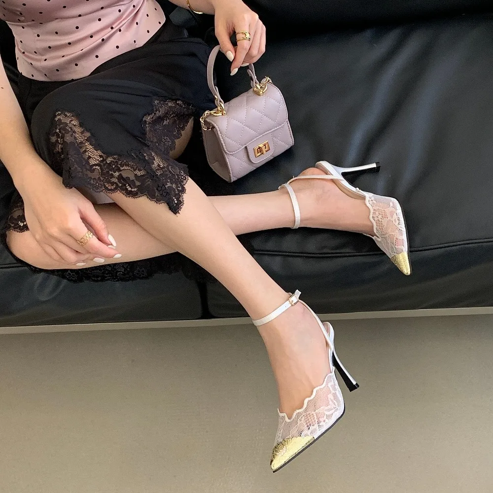 Aneikeh Elegant White Lace Slingback Stiletto Heels Pointed Toe Ankle Strap Buckle Sandals Wedding Party Ladies Dress Pumps