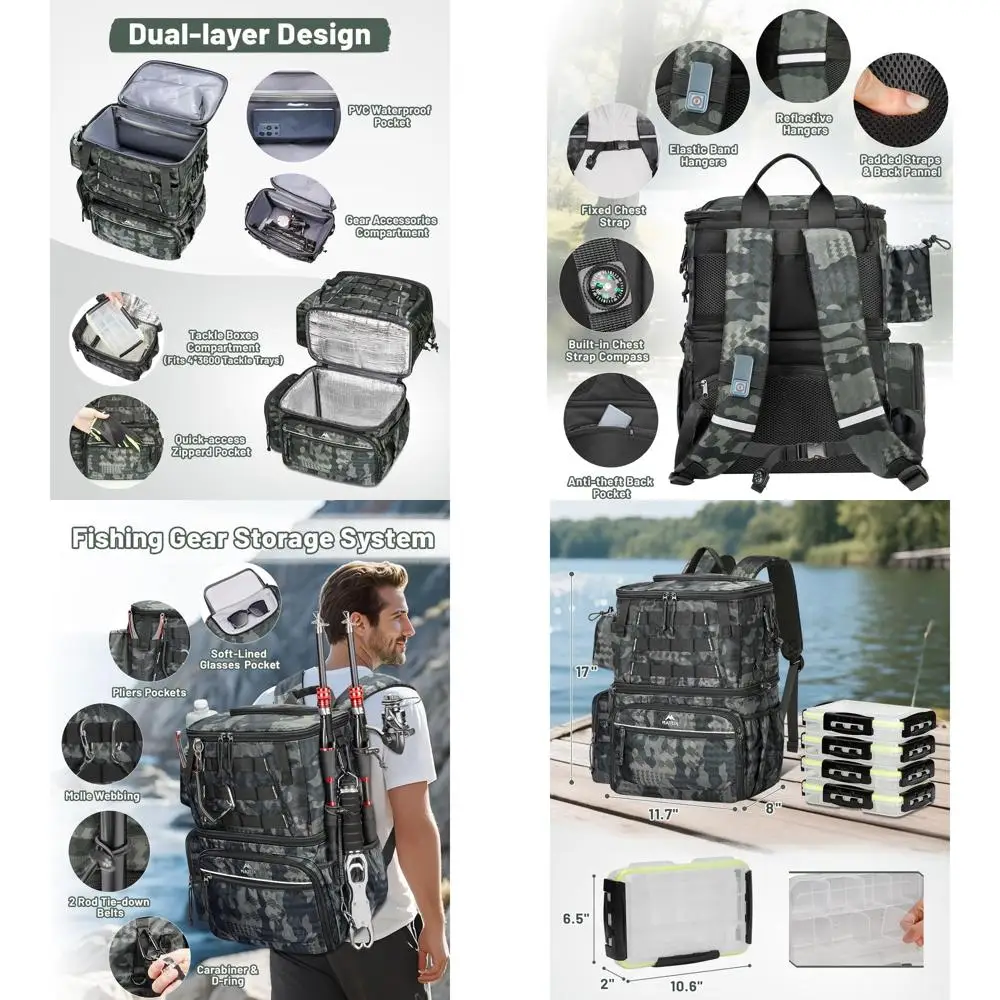 

Angler's Essential Backpack with 4 Tackle Cases, Fishing Accessory Bag, Rod Holder, Compass, and Cooler