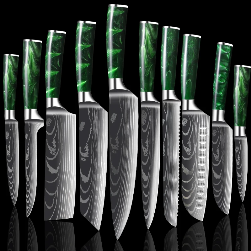 

Set Chef Knife Stainless Steel Laser Damascus Pattern Sharp Kitchen Santoku Boning Cleaver Slicing Knives Green Resin Handle