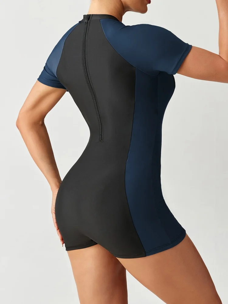 قطعة واحدة ملابس السباحة النسائية 2026 الجديدة الصلبة خطابات قصيرة الأكمام مثير ارتداءها ملابس الصيف الملاكمين بحر ثوب السباحة الإناث #6