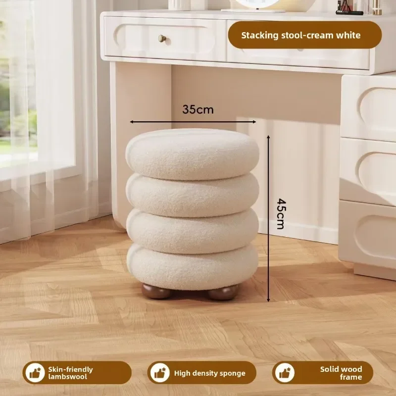 Light luxury imitation lamb wool dressing stool, soft cushion dressing stool, solid wood stacking stool, shoe changing stool view 5
