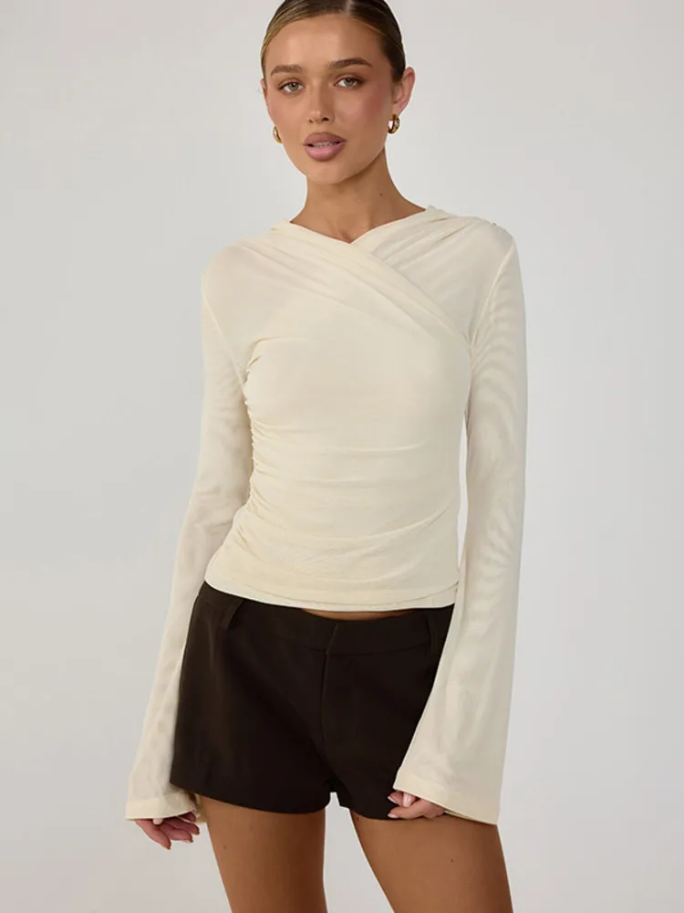 Absobe Cross Mesh Pleated Women Tops Solid Color V Neck Long Bell Sleeve Slim Versatile T-shirts Fashion Streetwear Casual Tees