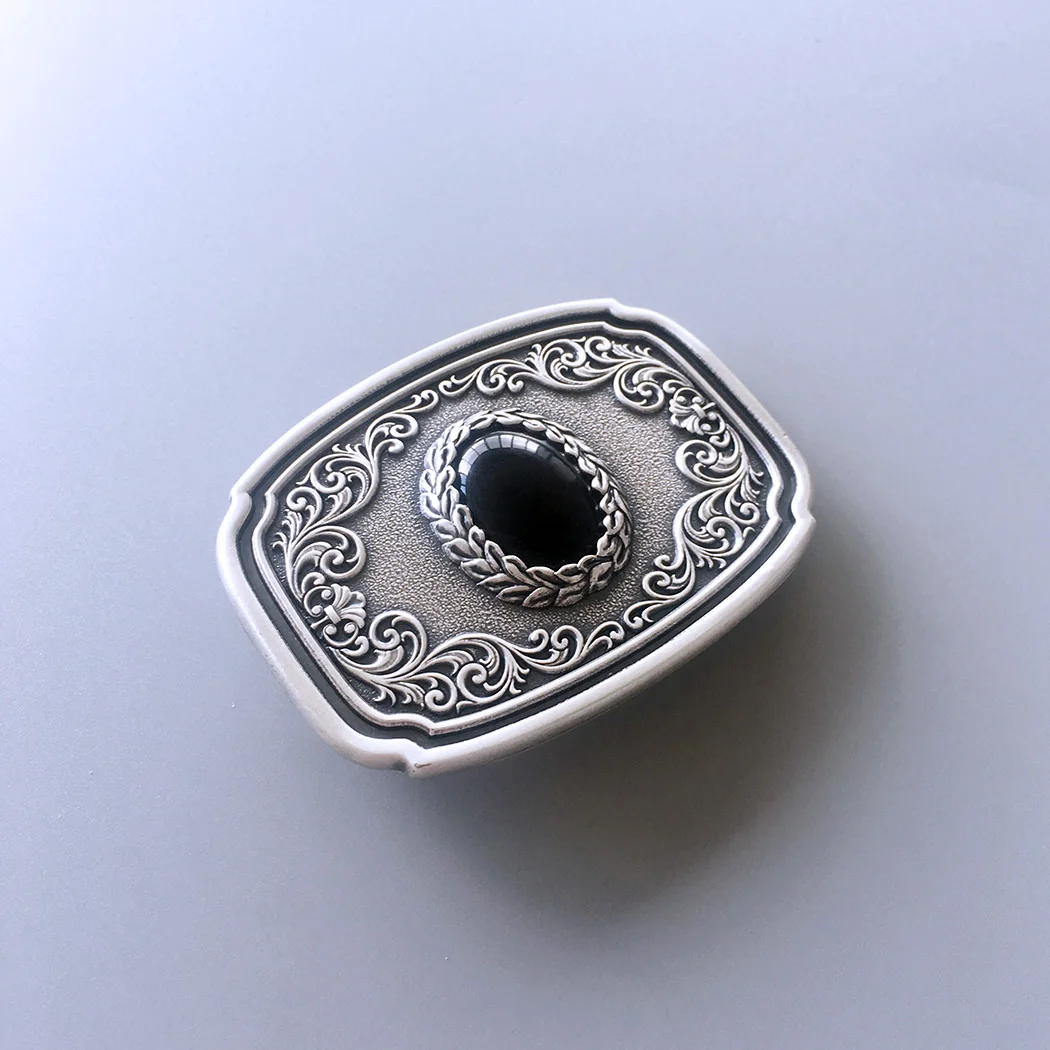 Vintage Style Silver Plated Nature Black Obsidian Stone Western Boho Cowboy Cowgirl Belt Buckle