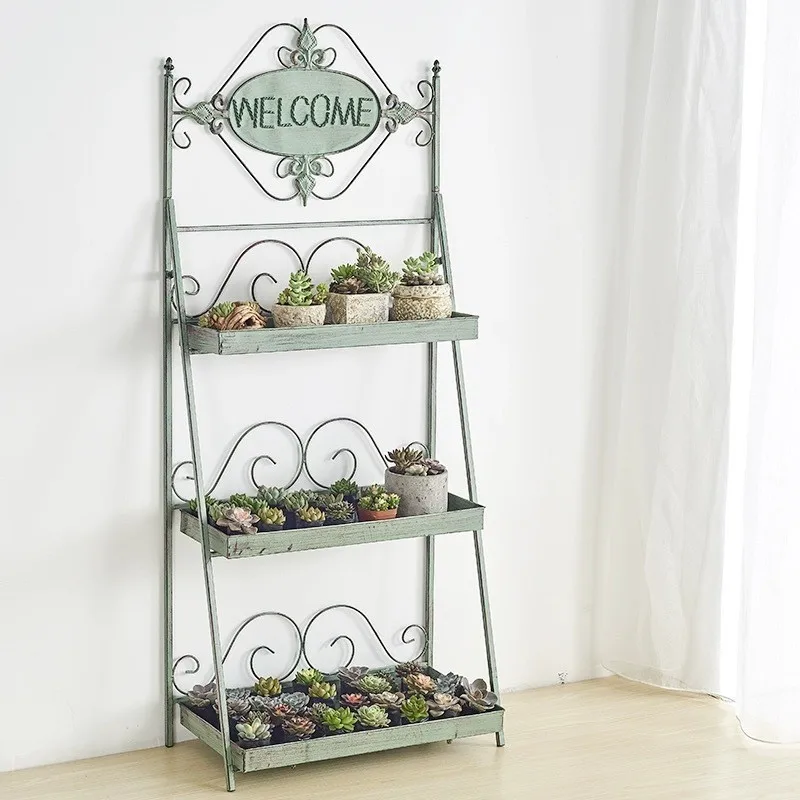 LH retro three-layer home wrought iron flower stand decorative storage rack