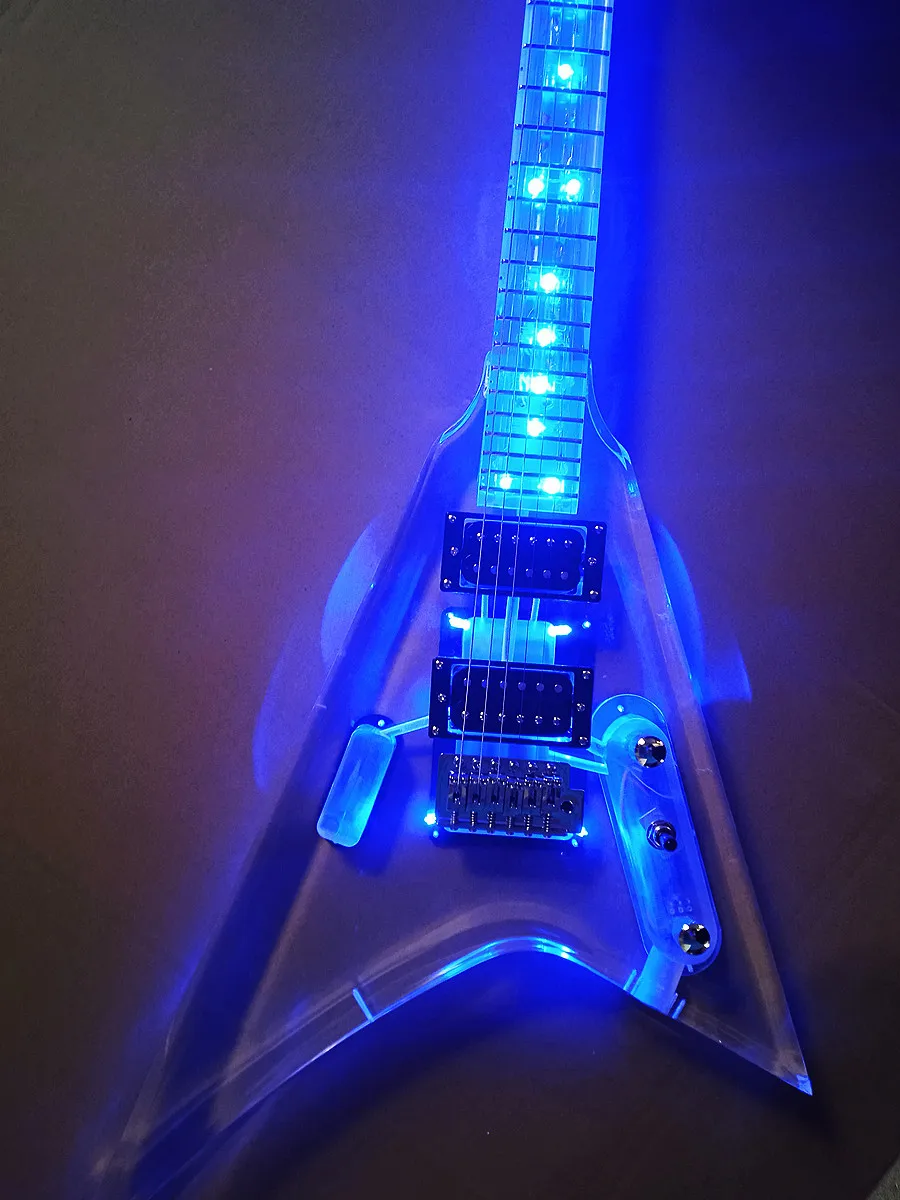 

Electric Guitar Good quality acrylic r with blue led light fly V electricas electro electrique guitare guiter