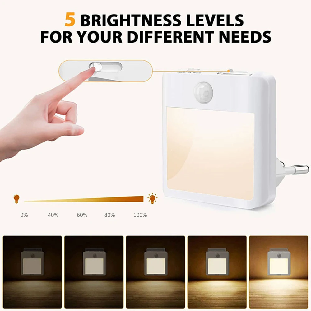 Dimmable Wireless LED Motion Sensor Night Lights para quarto, elegante lâmpada do armário, Auto Crepúsculo para Amanhecer, Elegante, Novo