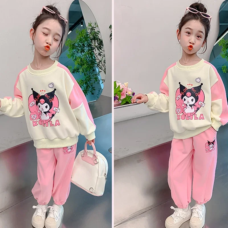 2024 Sanrio Kuromi 2Pcs Set Clothes Kawaii Anime Hoodie Sweatpants Girl Heart Cartoon Cute Long-Sleeved Top Pants Gift for Kids