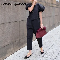 Fashion Tide Chic Irregular Design Jumpsuits Balck Color Round Neck Puff Sleeve Jumpsuit Women Elegant Vintage Onsie Women