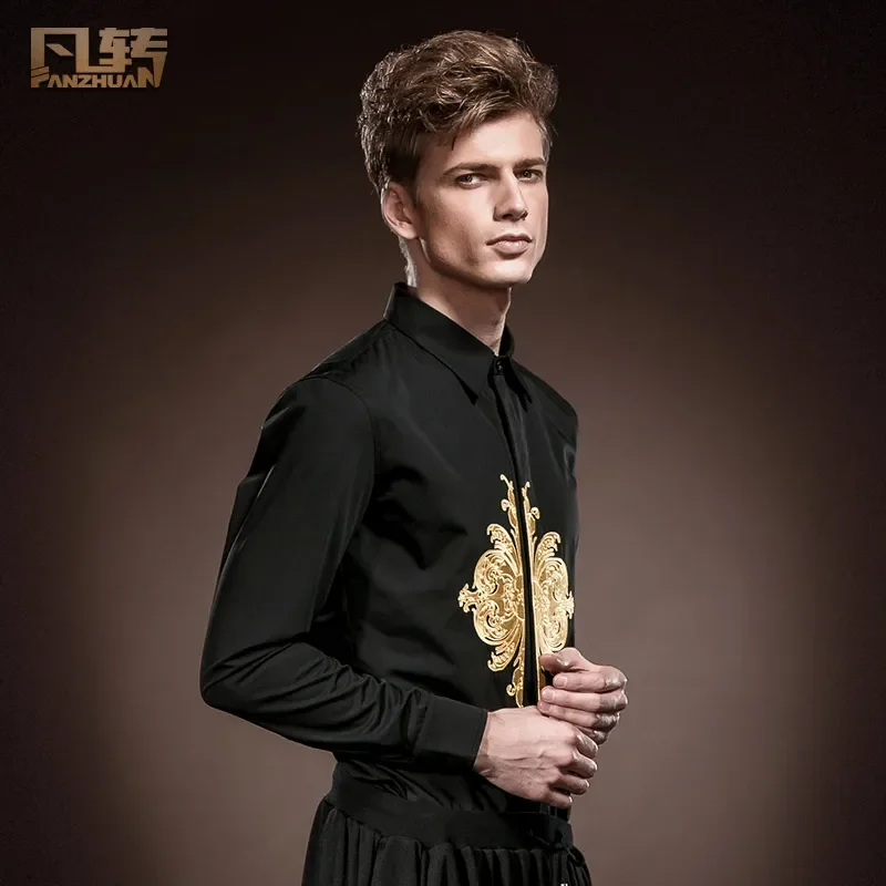 Fanzhuan Free Shipping New fashion personality male Men's Long Sleeved Mens Black shirt spring 14240 design Gold foil printing