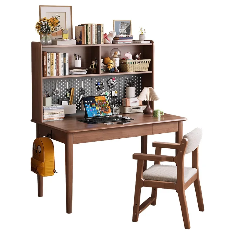 

Solid wood desk bookshelf integrated student home with hole board children's study table study bedroom office computer