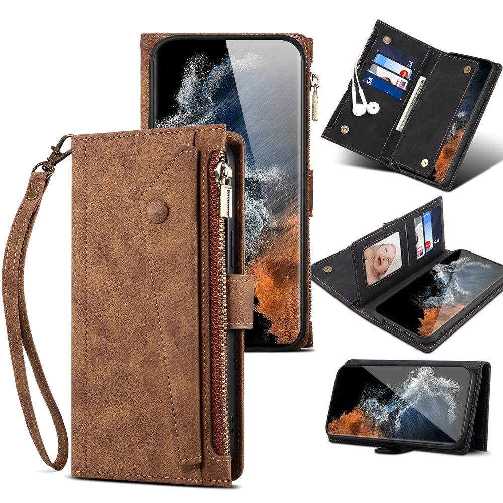 Wallet Hand Bag Case For Samsung Galaxy S23 Plus Multifunction Flip Leather Mobile Phone Cover For S23 Ultra S23+ Fundas