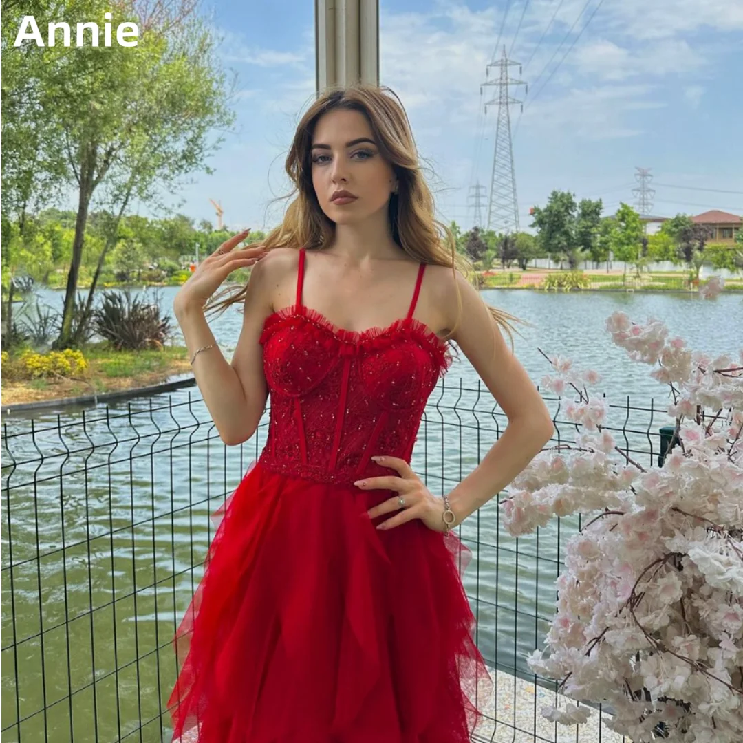 Annie Fee Rode Prinses Trouwjurk Spaghettibandjes Tule Meerlaags Galajurken A-line فساتين سهرة Vestidos De Fiesta