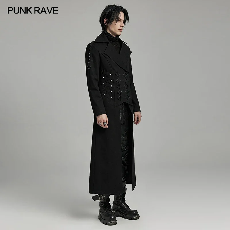 PUNK RAVE Men\'s Punk Heavy Industry Visual Long Coat Flip Collar Design Shoulder Spikes Casual Mens Jacket Autumn