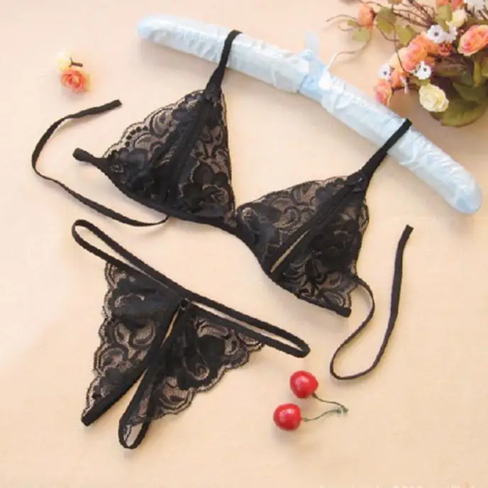 Sexy Lace-up Lingerie Set Mulheres Hot Exótico Aberta Virilha Transparente Underwear G-string Bandagem Biquíni Conjunto de Três Pontos