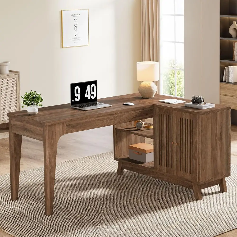 

Walnut 57 L-Shaped Desk with Storage Cabinet for Home Office, Study, and Bedroom