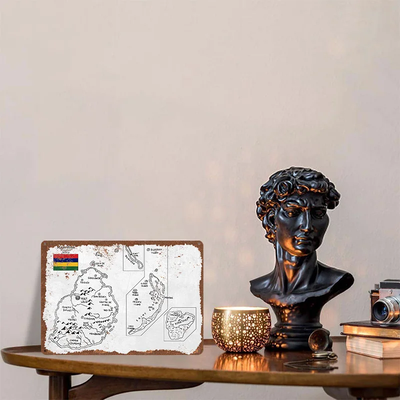 Handdrawn Mauritius Map Printed Poster Customized Wall Art Retro Vintage Metal Tin Signs for Room Decoration At Home Decorations