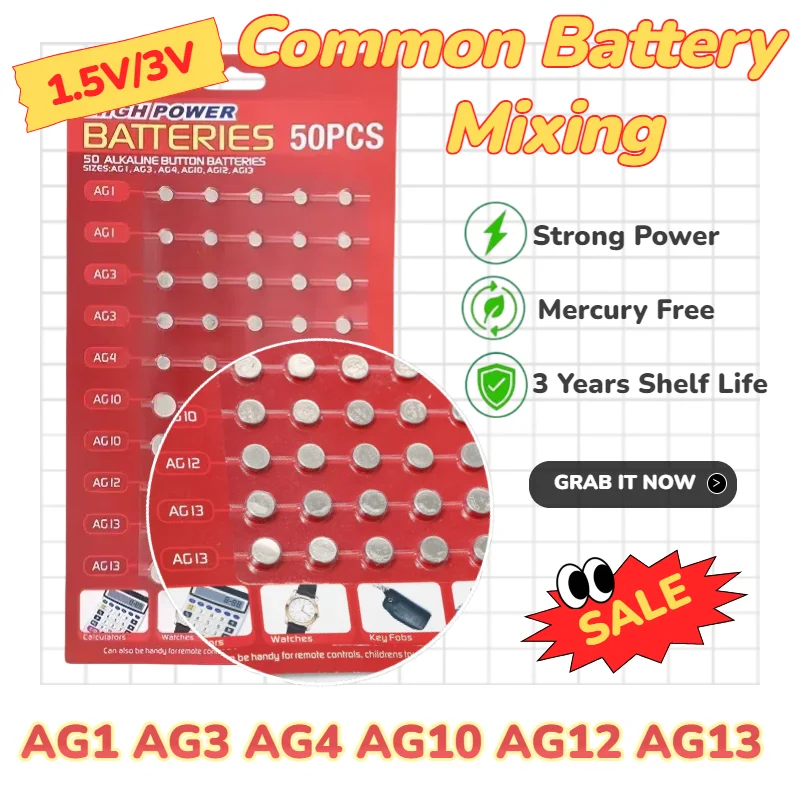 

1.5V/3V LR44 AG13 Button Batteries L1154 SR44 GP7 AG1 AG3 AG4 AG10 AG12 Coin Cell for Watch Toys Remote Thermometer Calculator