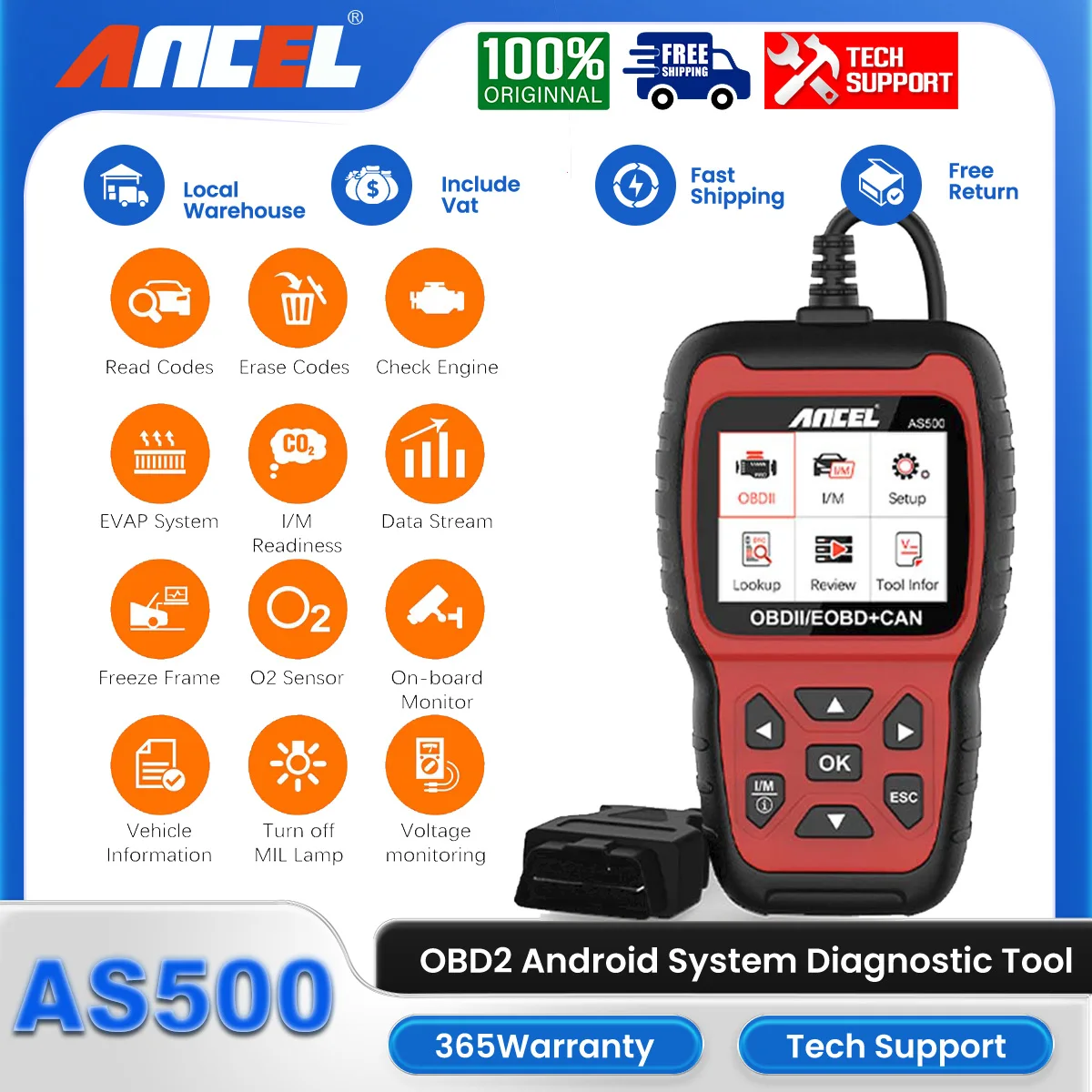 ANCEL AS500 OBD2 Scanner Diagnostics Tool Engine Code Reader OBD Auto Diagnose Car Lifetime Free Update OBD2 Automotive Scanner