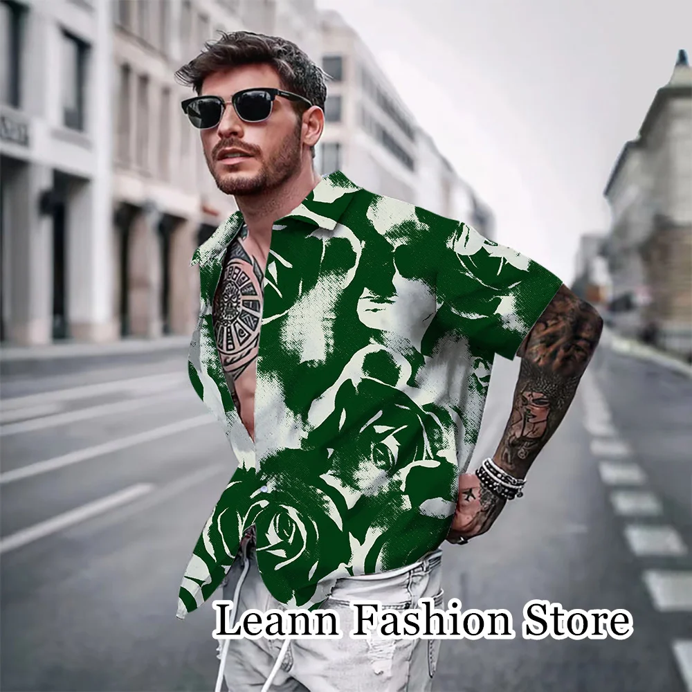 

Fashionable Retro Green Shirt Men Summer Hawaiian Vacation Shirt Male Casual Short Sleeve Beach Tops Tees Daily Clothing