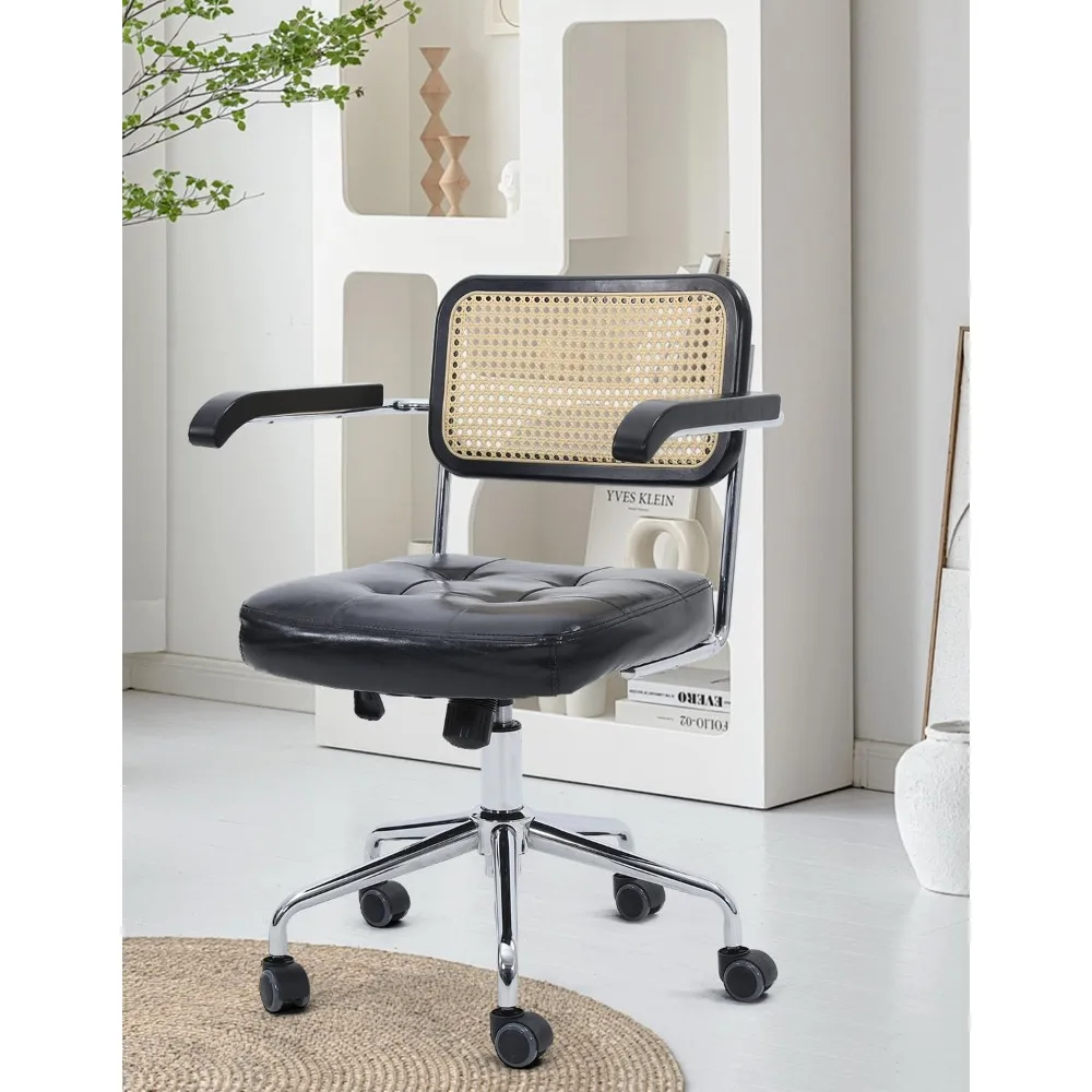 

Mid-Century Modern Rattan Office Chair, 360° Swivel, Height and Tilt Adjustment, Black Leather, with Armrests