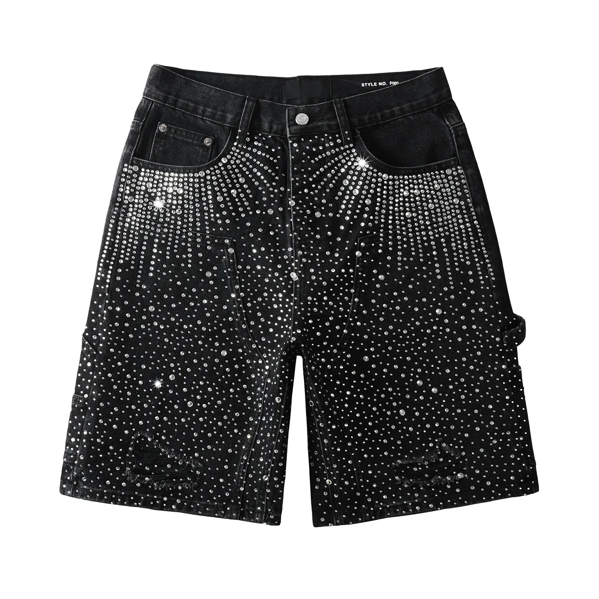 

Distreseed Black Rhinestones High Street Stretch Ripped Loose Jean Denim Short Pants Men