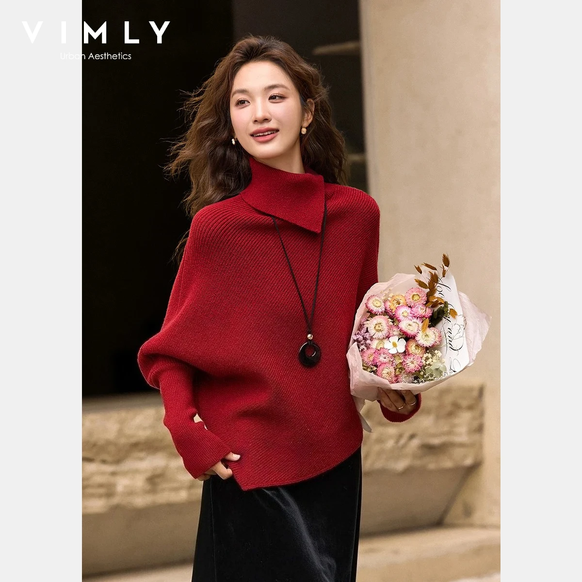 

VIMLY French Women's Knitted Sweater 2025 Winter Asymmetric Hem Batwing Sleeve High Collar Pullovers Solid Woman Clothes 75293