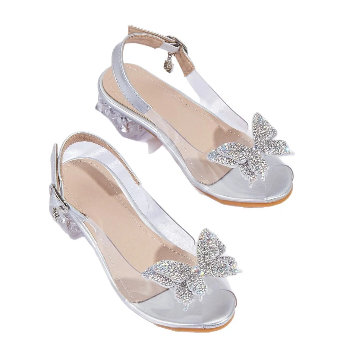 Sandales d'été pour enfants, nouvelle mode, strass papillon, chaussures de princesse en cristal pour filles, transparentes, talons hauts, 2025