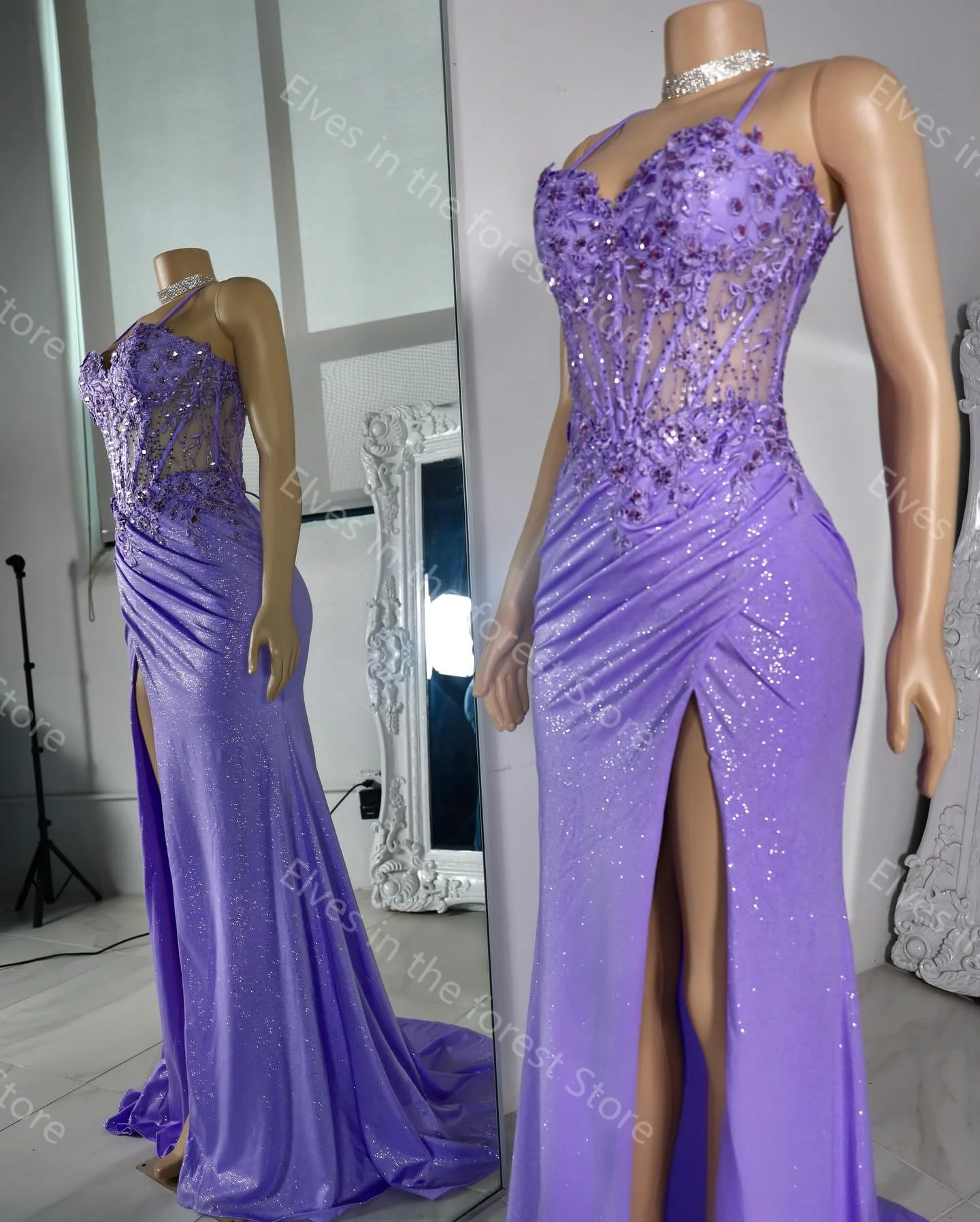 Purple Mermaid Evening Dresses Glitter Sequins Appliques Sleeveless Women Party Gowns Sexy Sheer Neck Side Split Prom Dresses