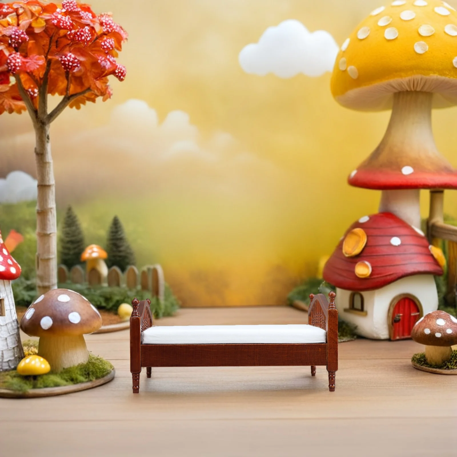 Mini Double Bed for Dollhouse Bedroom Vintage Wooden Furniture with Realistic Mattress and Bed Linens Elegant Miniature Home