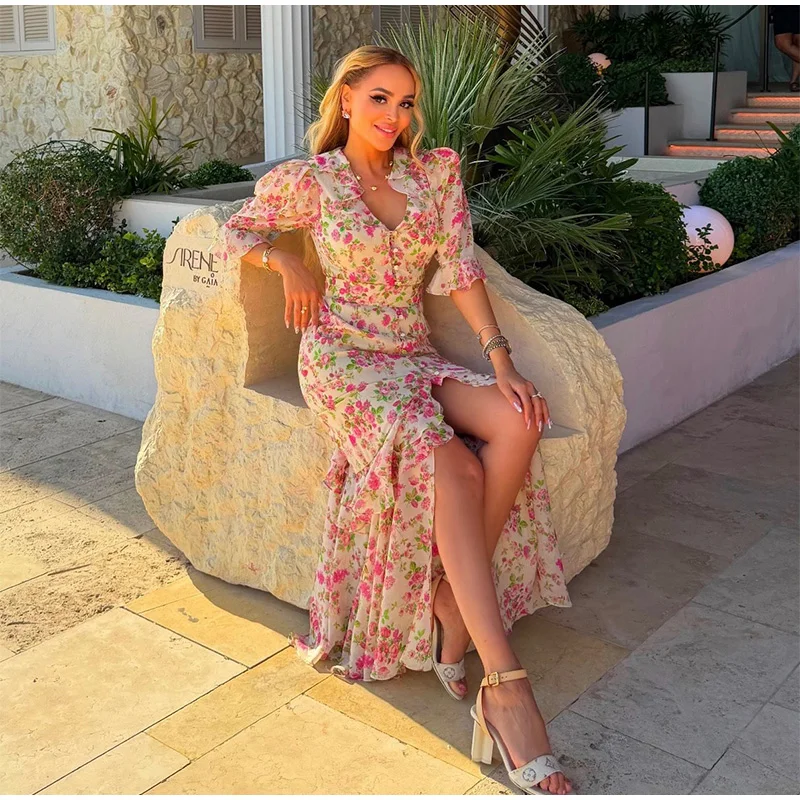 Elegant Ruffle Women's Long Dresses V Neck Half Sleeve Button Waist Cinching Pleated Dress 2026 Spring Lady Fashion Party Robes
