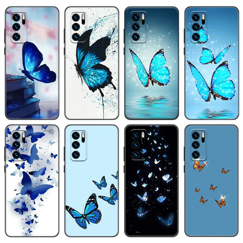 Cartoon Blue Butterfly Case For Huawei P50 P40 P30 P20 Pro P10 P9 P8 Lite 2017 P Smart Z S 2021 2020 Pro 2019 2018 Black Cover