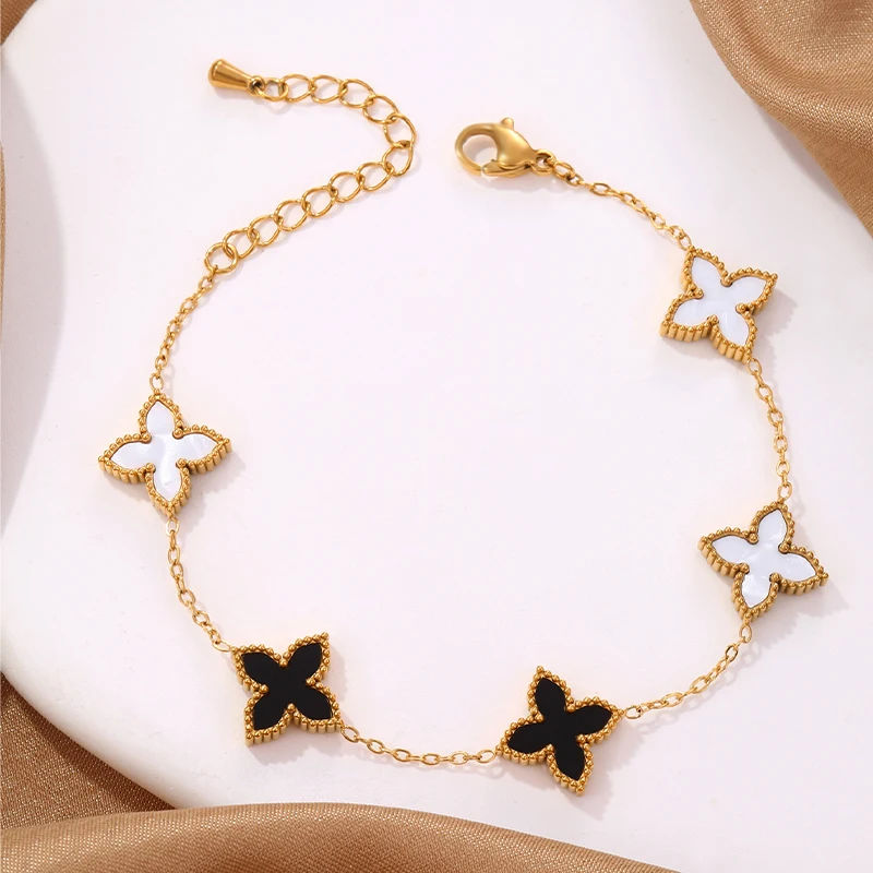 CDD 316L Stainless Steel New Black White Double-sided 4 Leaf Flower Bracelet for Women Fashion Hand Chain Clover Jewelry pulsera