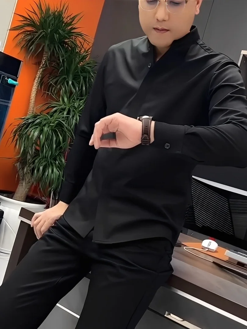 

Men's Faionable Casual Long Sve Fce Lined irt Stand Collar Spring New Sle Polyester Fiber Skin Friendly Breathable