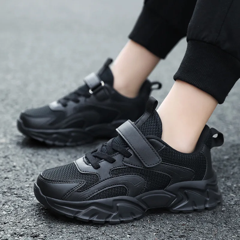 

New Children Mesh Sports Shoes Hook and Loop Pure-color Sneakers Unisex Kids Breathable Sneakers Non-slip PU Leather Sneakers