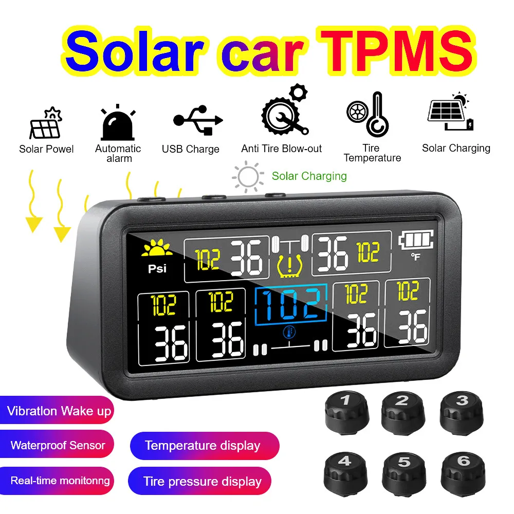 Solar Car Tire Pressure Alarm Waterproof 4/6 wheel External Sensors TPMS 0~9.9Bar Digital LCD Display For Car Truck RV Tractor