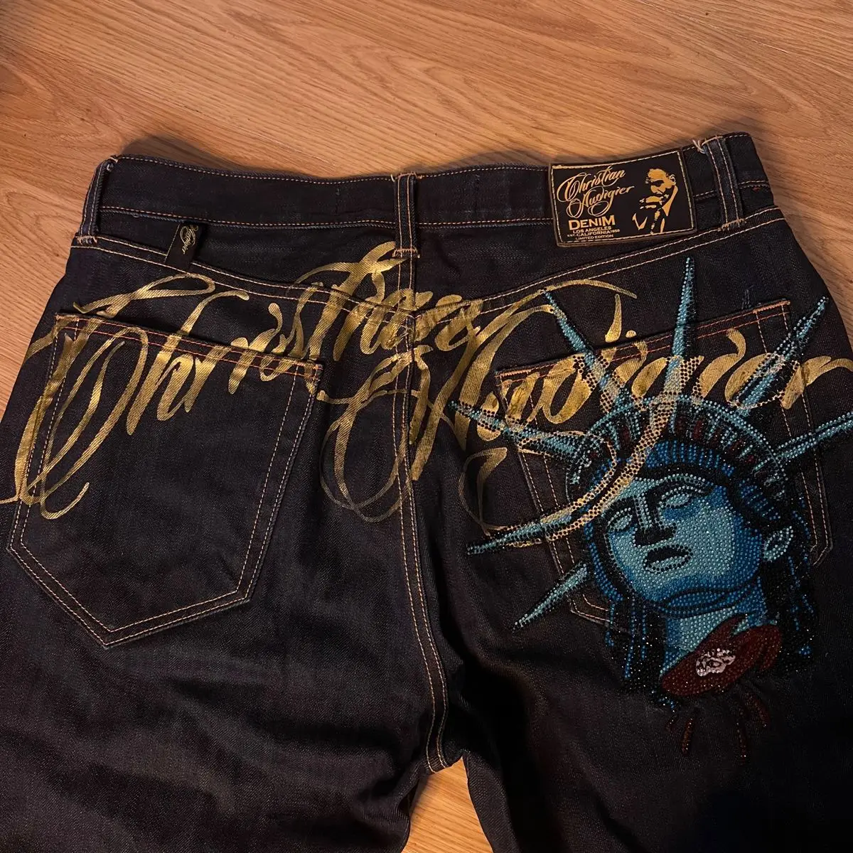 Harajuku Y2k الماس تمثال الحرية حجر الراين الجينز عادية الدينيم السراويل مستقيم واسعة الساق الجينز خمر النساء الملابس #2