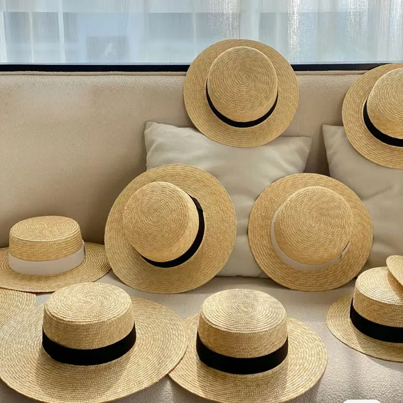 Women Wide Brim Boater Hat 5/7/10cm Brim Straw Hat Flat Women Summer White Black Ribbon Sun   Hat Beach Cap Sombrero Mujer Playa