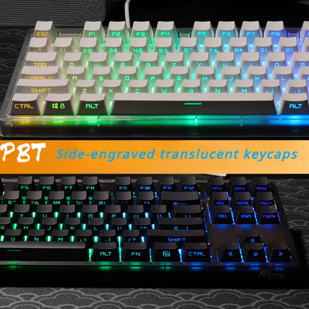 Side-engraved Translucent OEM Keycaps, PBT 130 Keys for 60, 80, 87, 98, 108, Mechanical Keyboards, Simple, White, Black