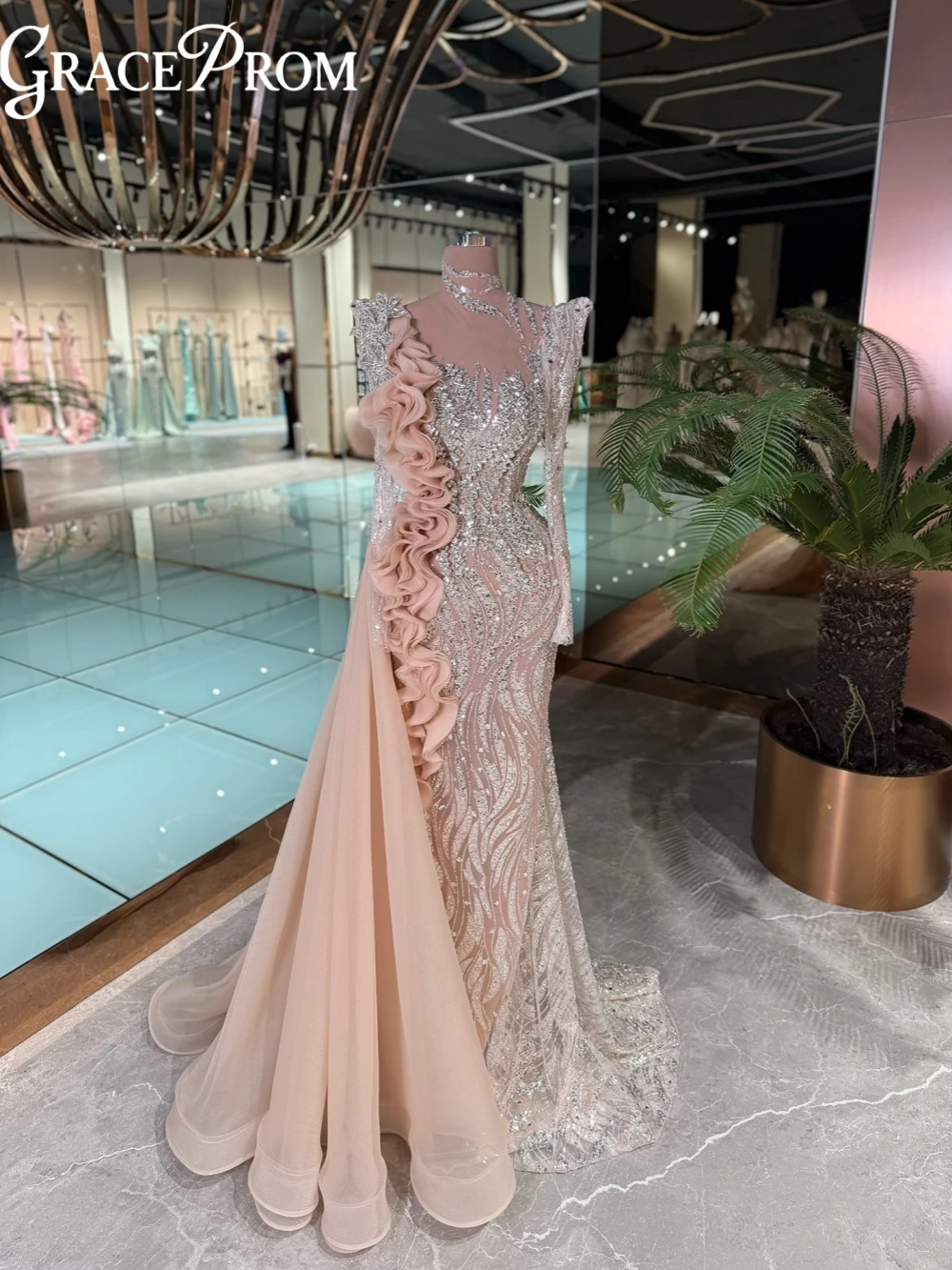 

Роскошное длинное вечернее платье русалки с рюшами и бисером, блестящее платье с высоким воротником и кристаллами, свадебное платье, платья для выпускного вечера по индивидуальному заказу