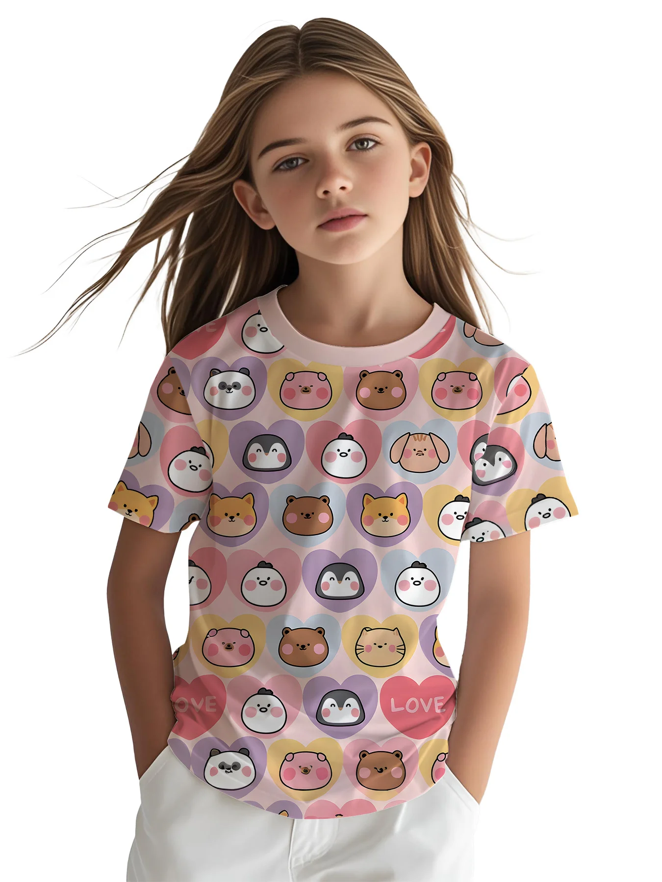 Girls Cute Animal Heart Themed T-Shirt, Pink Tone Cartoon Creatures in Love Hearts Casual Kids Graphic Top