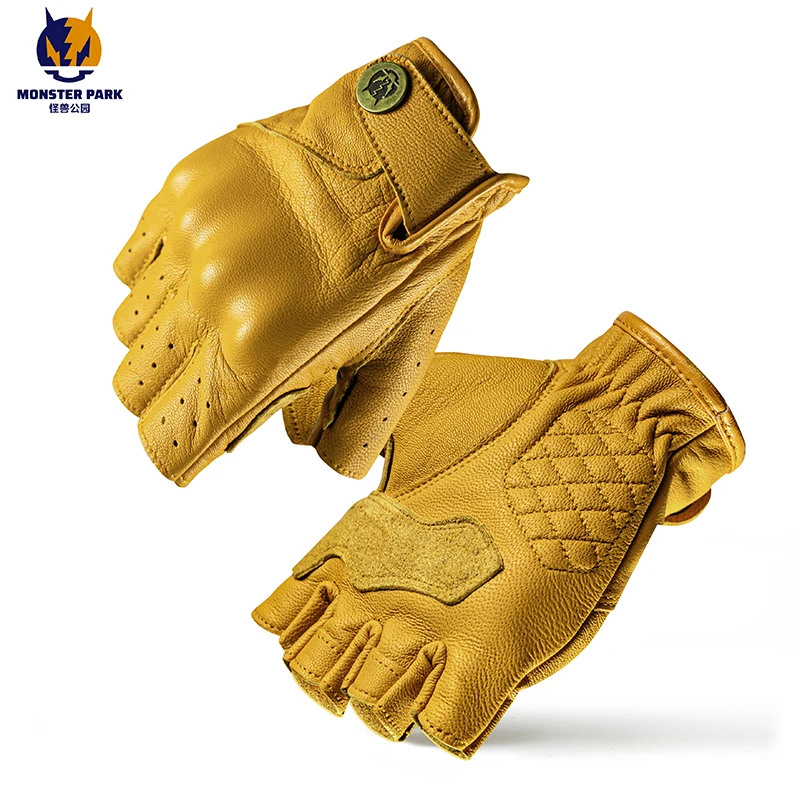 

MONSTER PARK Motorcycle Half Finger Gloves Vintage Leather Motorcycle Protection Gloves Summer Outdoor Cycling Breathable Gloves