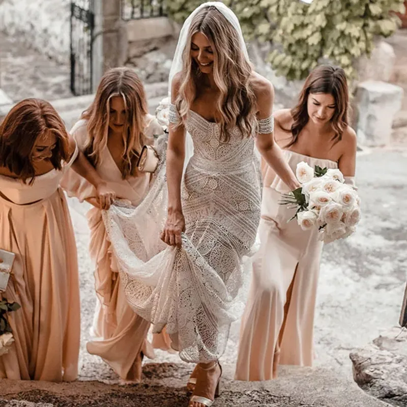 Boho Schatz Meerjungfrau Brautkleid mit abnehmbaren Ärmeln sexy rücken freie Brautkleid Spitze Applikationen fegen Zug Robe de Mariée