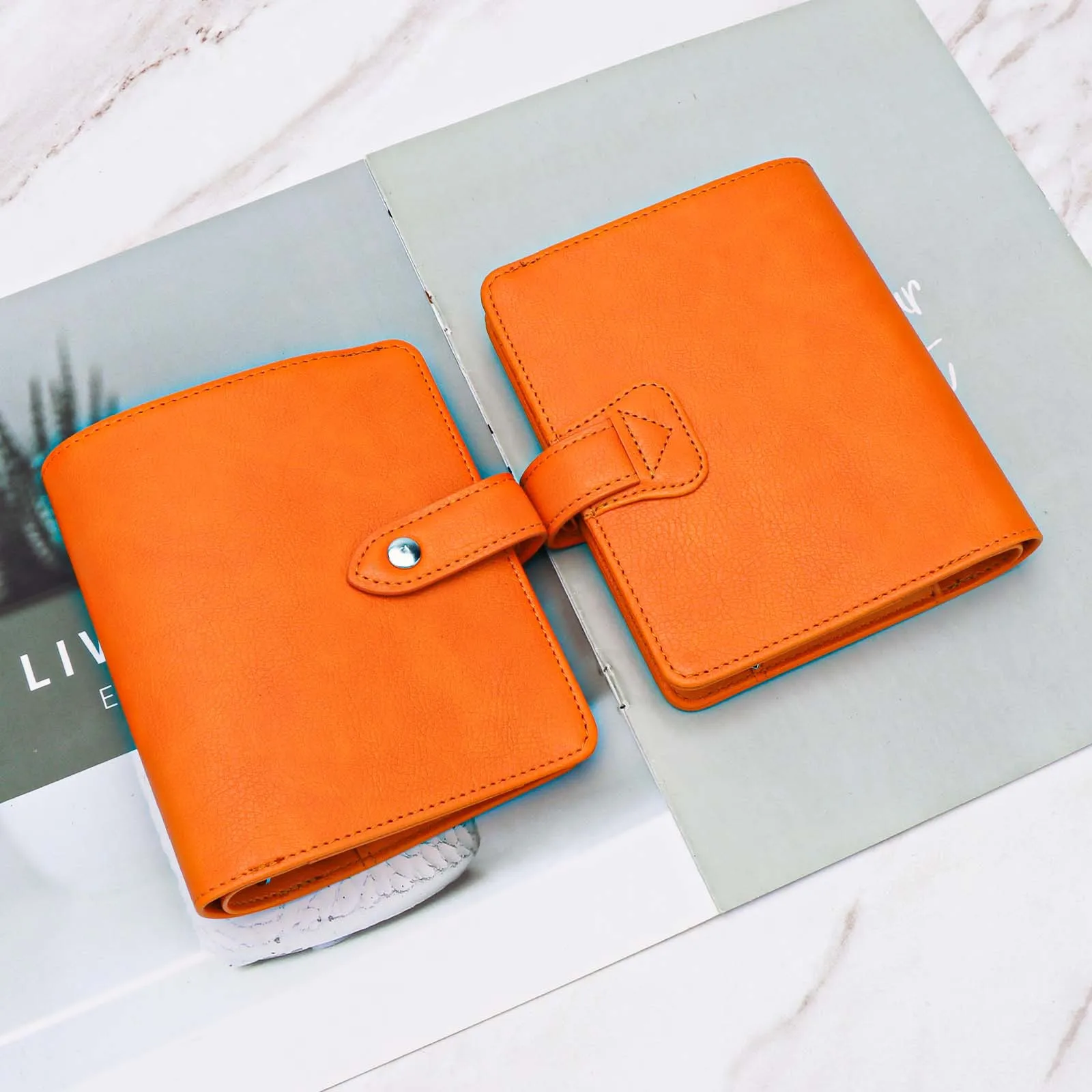 A7 Orange Wallet Leather Binder 6 Ring Binder With 45 Sheets PU Clip-on Notebook Faux leather Loose Leaf Notebook