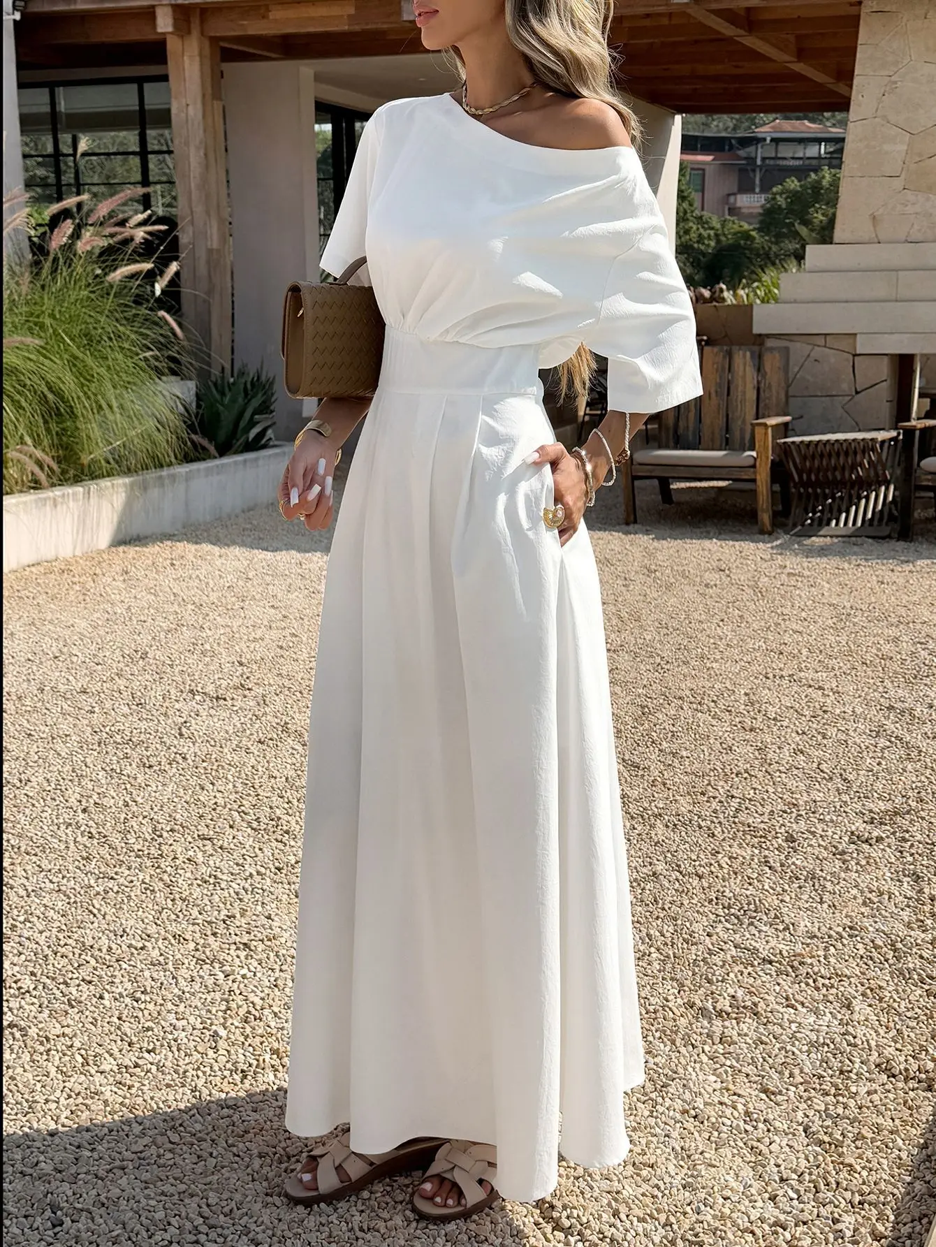 

Women Dress 2026 Spring Summer New Solid Color Slanted Collar Cinched Waist Pocket Design Casual Short Sleeve Vacation Dress
